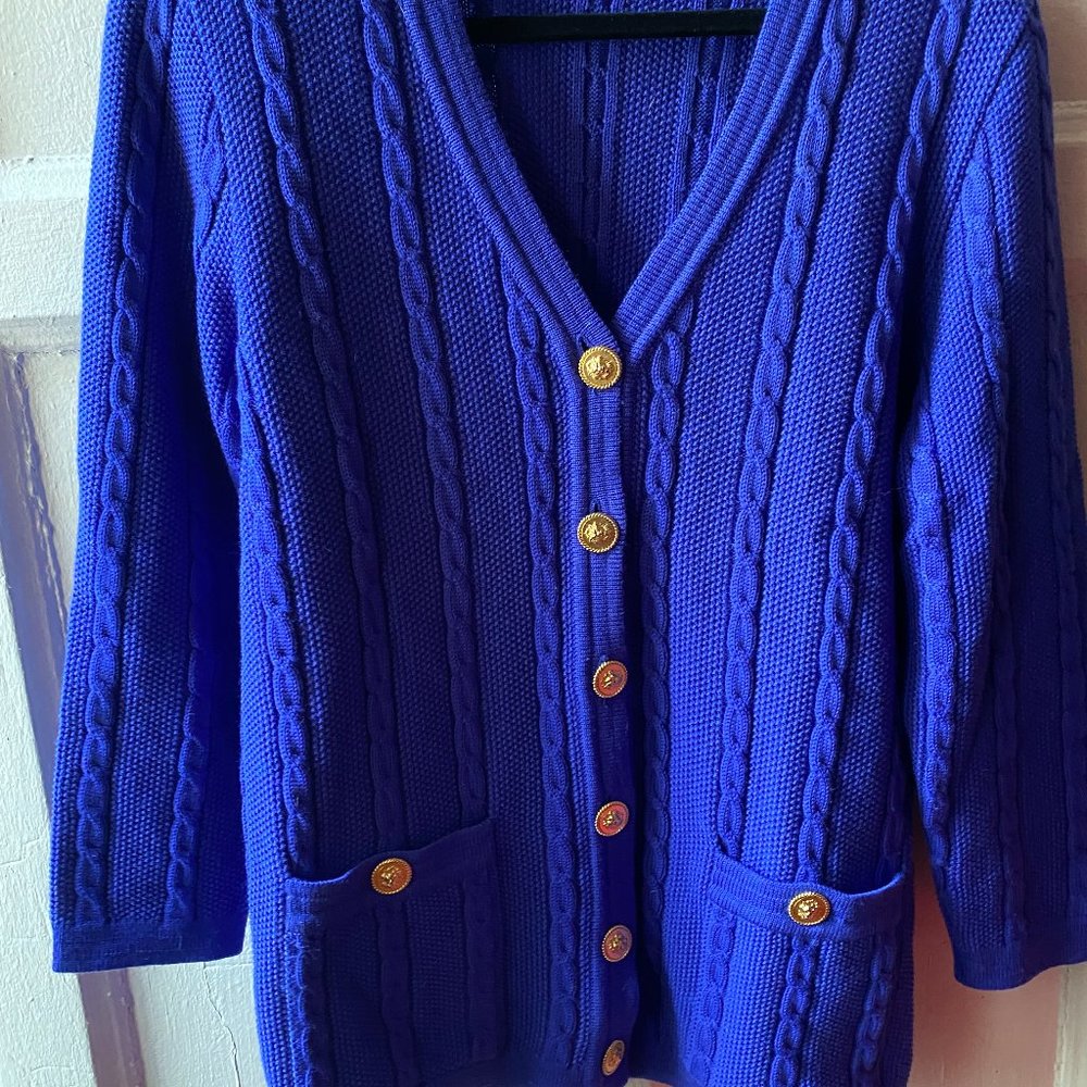 Classic Cable-Knit Cardigan Sweater in Royal Blue